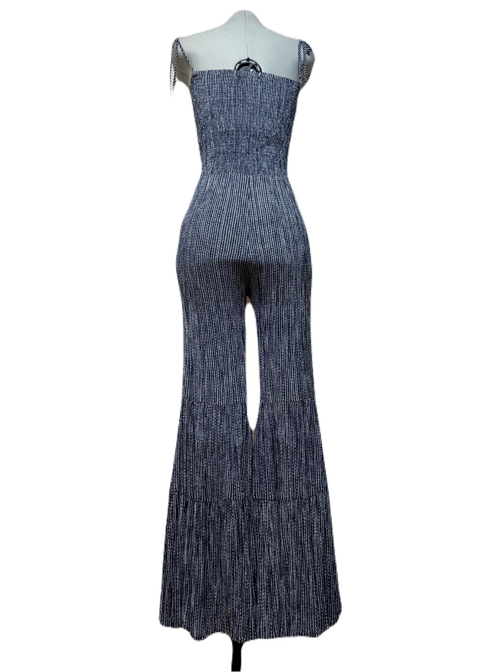Storia Smocked Tiered Wide Leg Jumpsuit Blue White S